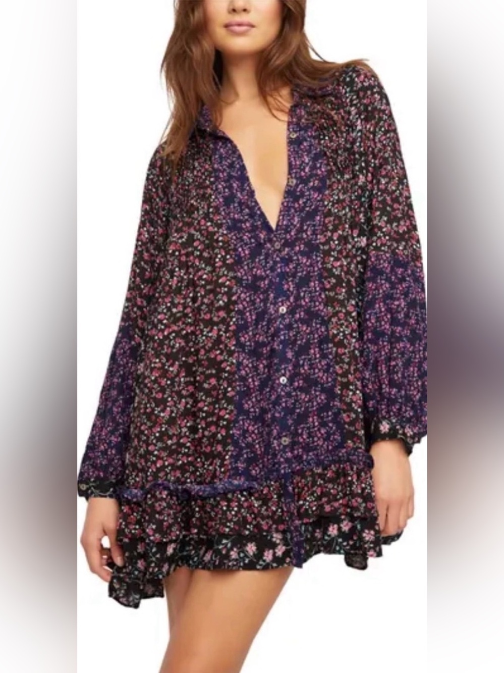 Free People Floral Patchwork Pleated Button Front Tunic Dress Size XS